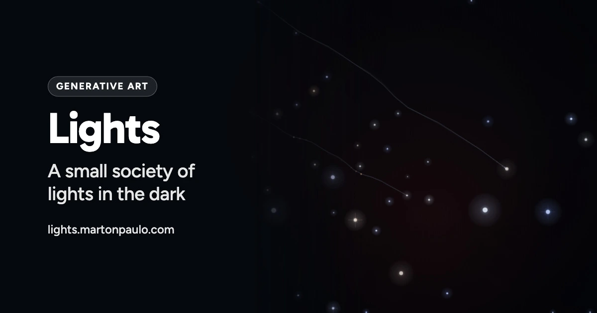 Lights, generative art: a frame of the piece, small white, blue and amber lights and the faint trails of two bonds drifting in the night.