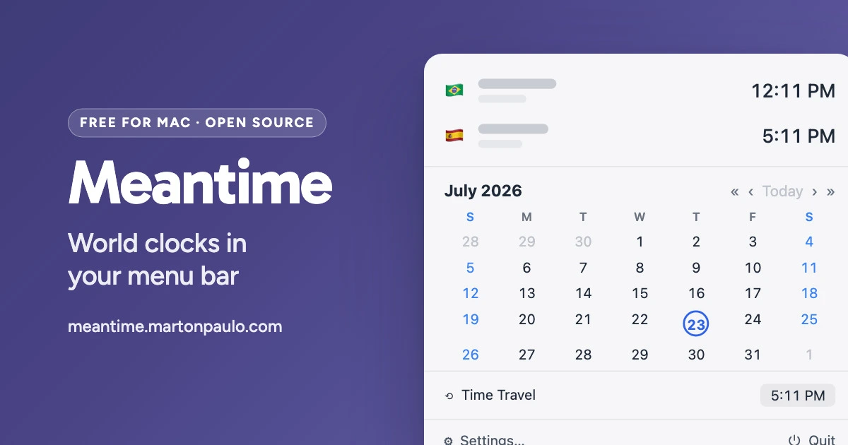 The Meantime clock icon and the words Free for Mac, open source, Meantime, World clocks in your menu bar, beside the Meantime panel with two clocks and a month calendar.