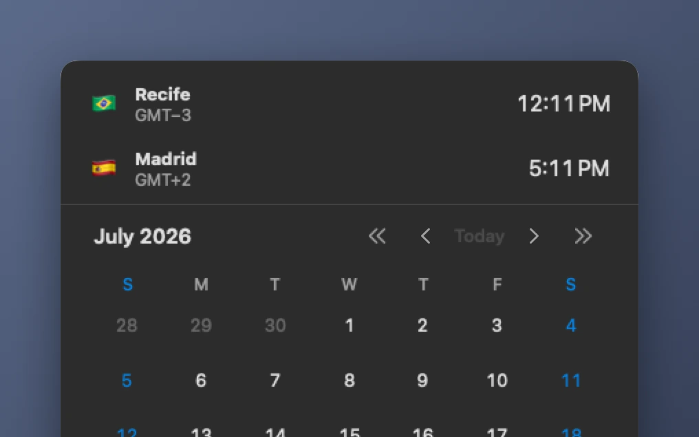 Meantime's menu bar panel with two city clocks and a calendar