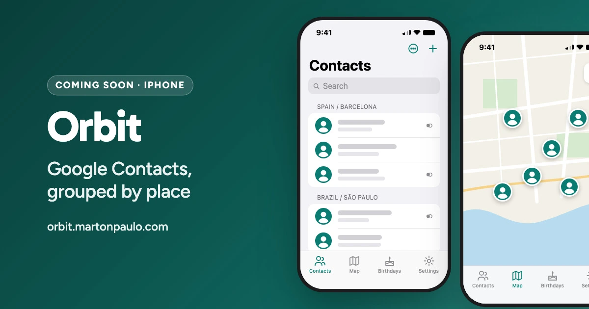 Orbit on a teal card: two iPhone screens, contacts grouped by country and city, and a map with each contact pinned where they live.