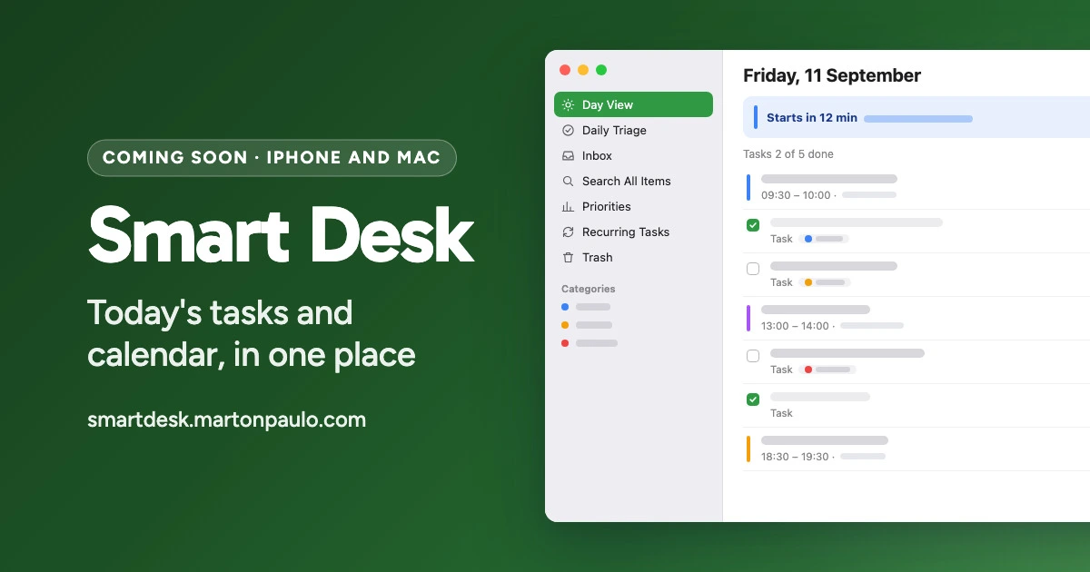 Smart Desk on a green card: the Mac window with its sidebar and the day list, calendar events and tasks together under an upcoming-event banner.