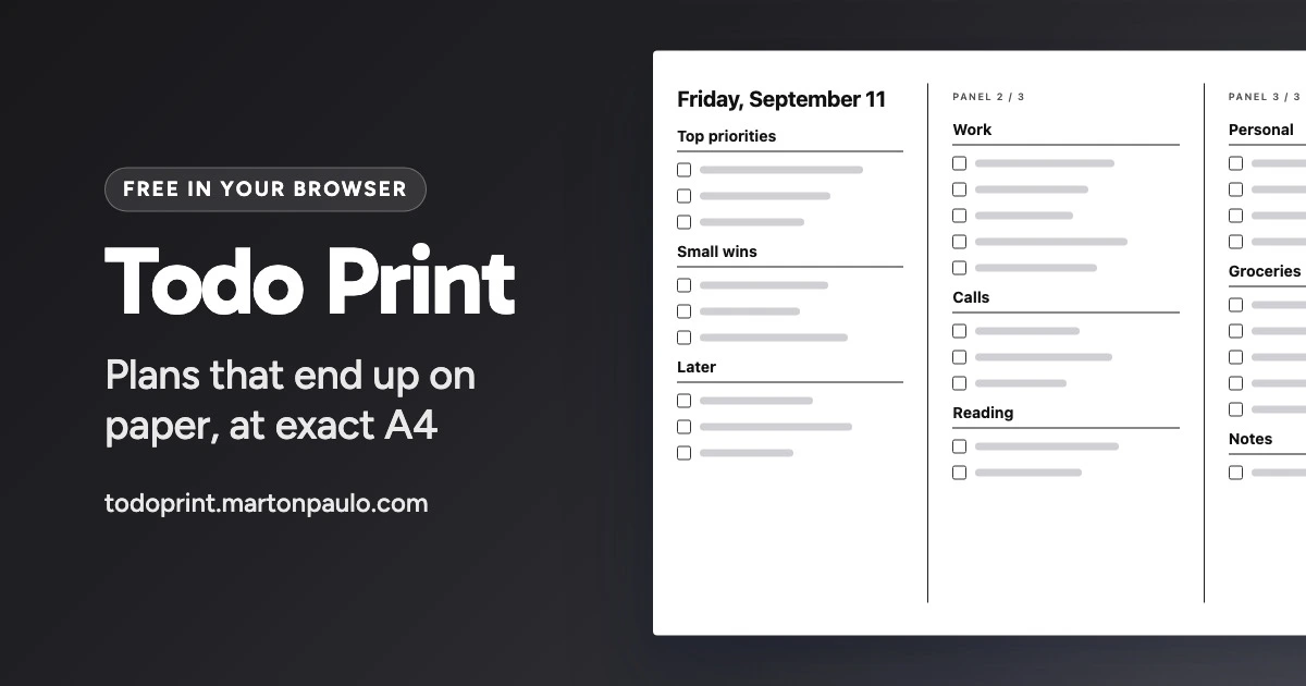 Todo Print on a graphite card: an A4 landscape sheet with three panels of to-do lists, headings and checkboxes, ready to print.