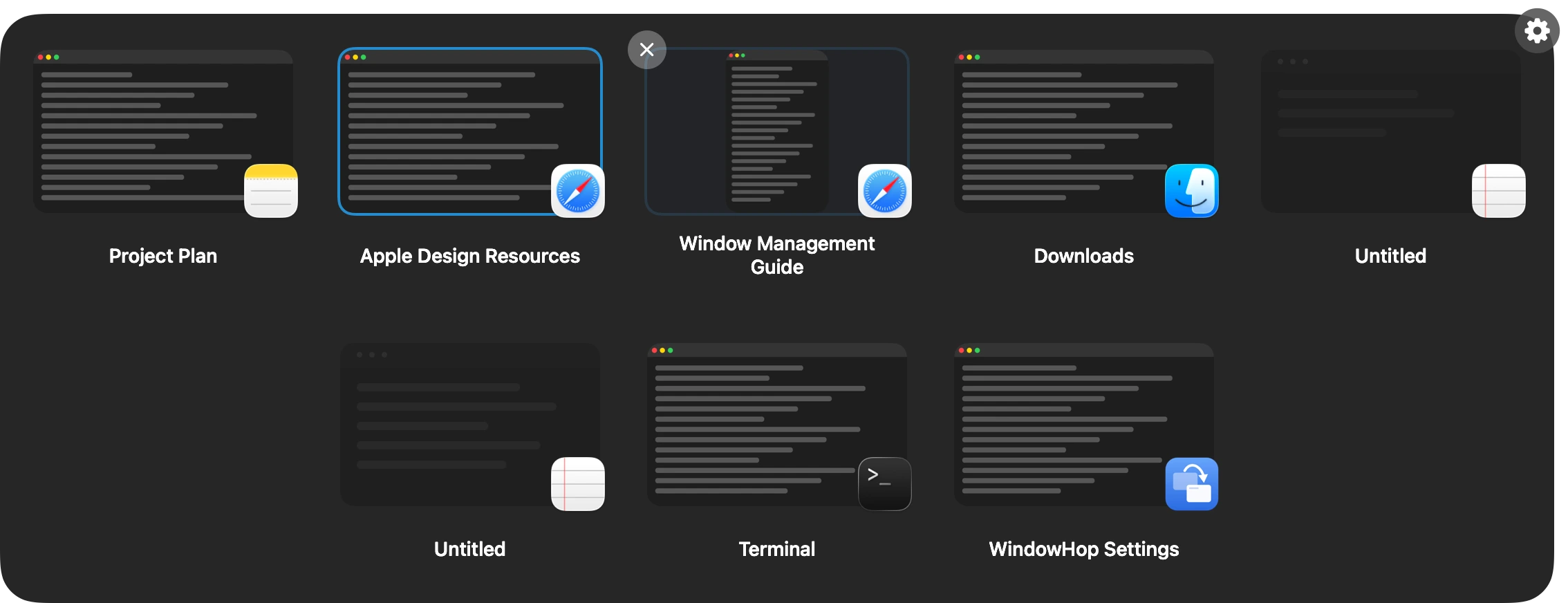 WindowHop's switcher with a grid of window previews and their app icons