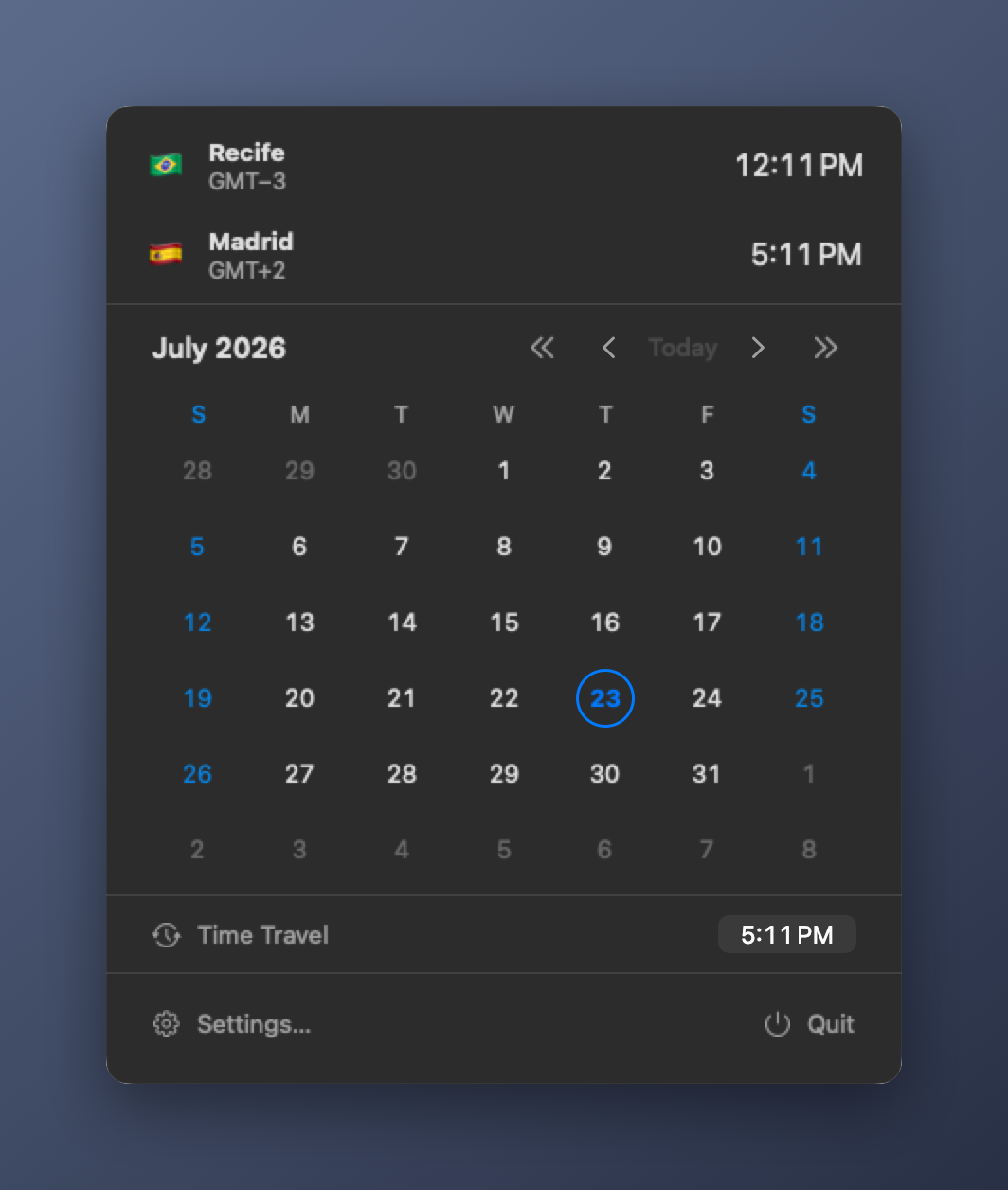 The Meantime panel showing world clocks, a month calendar, and time travel